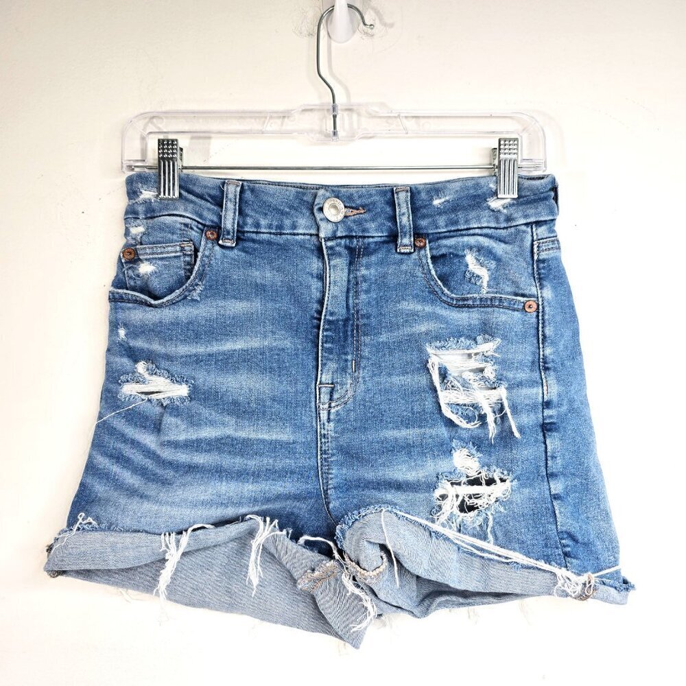 American Eagle Curvy High Rise Denim Shortie Shorts Super Stretch Distressed